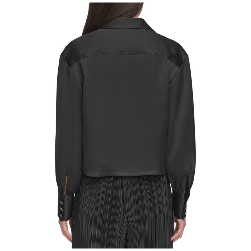 DKNY Black Satin Cropped‎ Bishop Sleeve Dressy Work Blouse Menswear Inspired Top - Picture 9 of 10